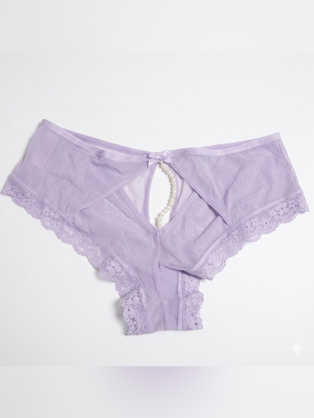 VICTORIA SECRET Lavender Lace Peek Pearl-Accent Bikini Panty purple sheer NEW